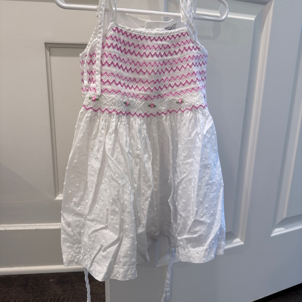 White and Pink Smocked Kids Dress